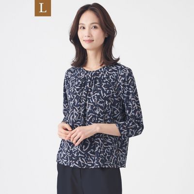 ＜TRANSWORK L (Women/大きいサイズ)＞【Ｌ】【ウォッシャブル】強撚スムースプリントブラウス