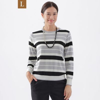 ＜TRANSWORK L (Women/大きいサイズ)＞【Ｌ】【ウォッシャブル】エクストラファインウールプルオーバーボーダーニット