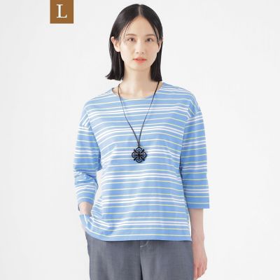＜TRANSWORK L (Women/大きいサイズ)＞【Ｌ】【ウォッシャブル】ジャカードボーダーシルケット　プルオーバー