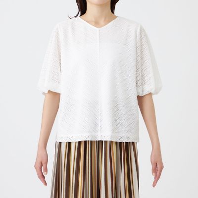 L】【ウォッシャブル】コットンスムースレースコンビカットソー
