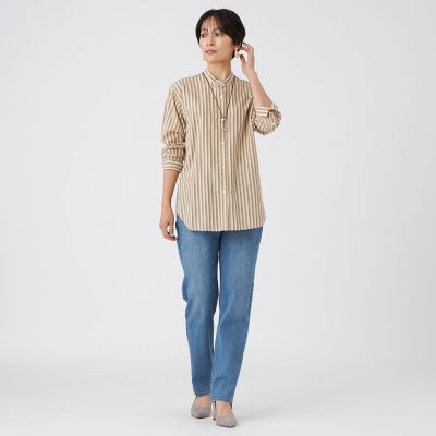 カタログ掲載・ウォッシャブル】バンドカラーストライプシャツ | EVEX