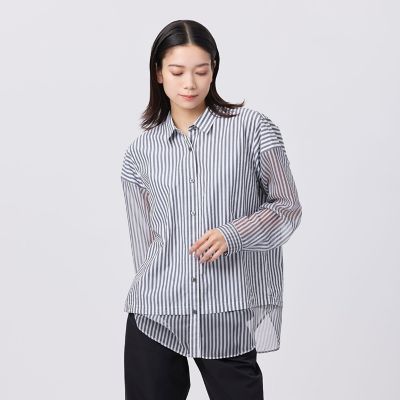 ＜EVEX by KRIZIA (Women)＞【カタログ掲載品】【ウォッシャブル】シアーコンビストライプロングシャツ