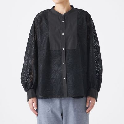 rerere　黒 L】【カタログ掲載・ウォッシャブル】リーフゼブラレースブラウス