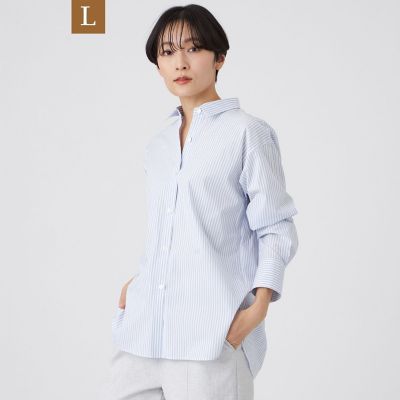 EVEX BY KRIZIA L (Women/大きいサイズ)/エヴェックス バイ クリツィアＬ 【Ｌ】【ウォッシャブル】コットンブレンドストライプシャツ