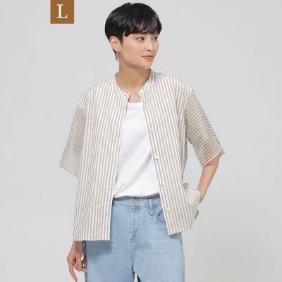 ＜EVEX BY KRIZIA L (Women/大きいサイズ)＞【Ｌ】【ウォッシャブル】シアーコンビストライプバンドカラーシャツ