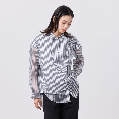 EVEX BY KRIZIA L (Women/大きいサイズ)/エヴェックス バイ クリツィアＬ 【Ｌ】【カタログ掲載品】【ウォッシャブル】シアーコンビストライプロングシャツ
