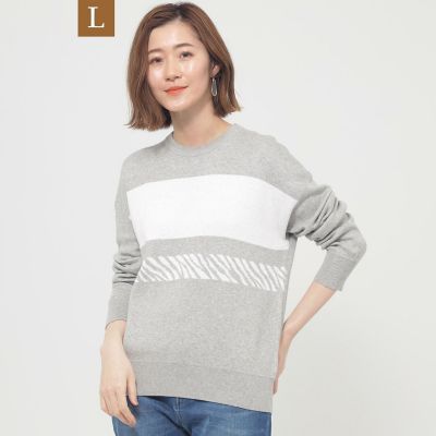 ＜EVEX BY KRIZIA L (Women/大きいサイズ)＞【Ｌ】【ウォッシャブル】ゼブラボーダープルオーバーニット