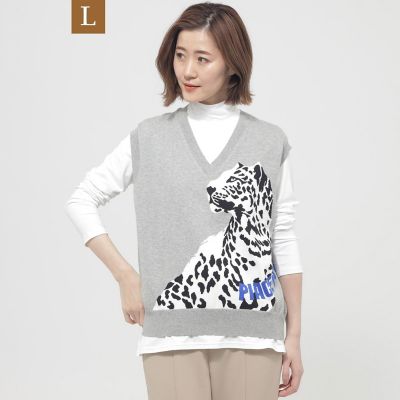 ＜EVEX BY KRIZIA L (Women/大きいサイズ)＞【Ｌ】【ウォッシャブル】パンサーインターシャニットベスト