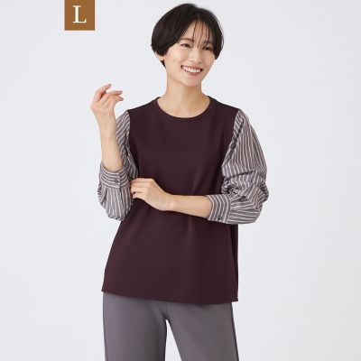 ＜EVEX BY KRIZIA L (Women/大きいサイズ)＞【Ｌ】【ウォッシャブル】ストライプジャカードコンビプルオーバー