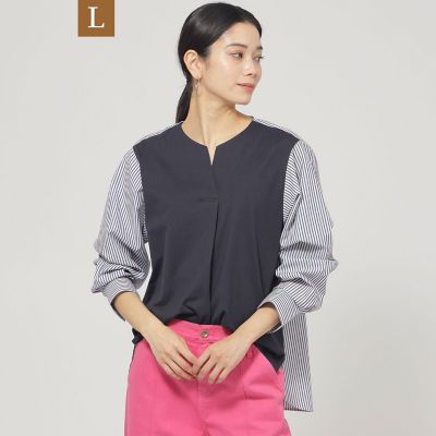 ＜EVEX BY KRIZIA L (Women/大きいサイズ)＞【Ｌ】【ウォッシャブル】ラメストライプジャージ　コンビプルオーバー