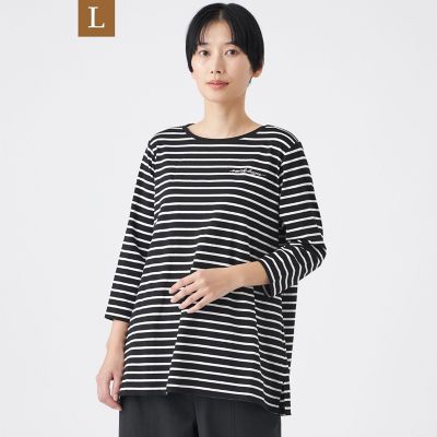 ＜EVEX BY KRIZIA L (Women/大きいサイズ)＞【Ｌ】【ウォッシャブル】ロゴエンブロイダリーボーダーチュニックカットソー