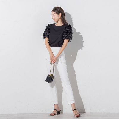 リボンモチーフ付きテーパードパンツ≪洗濯機で洗える≫