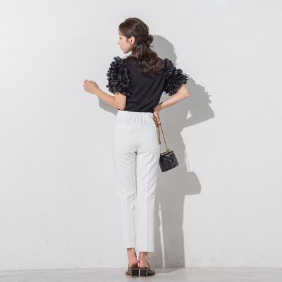 リボンモチーフ付きテーパードパンツ≪洗濯機で洗える≫