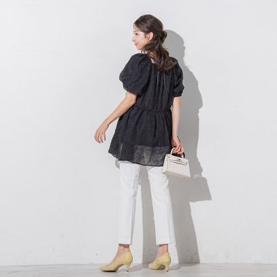 リボンモチーフ付きテーパードパンツ≪洗濯機で洗える≫