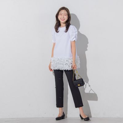 リボンモチーフ付きテーパードパンツ≪洗濯機で洗える≫
