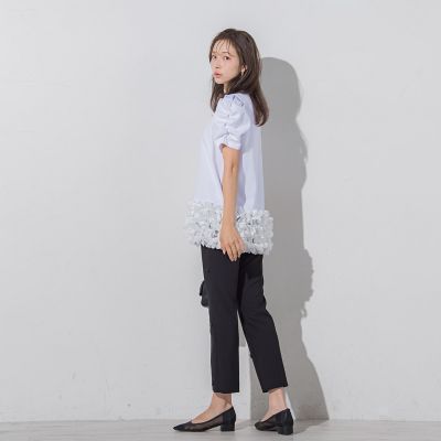 リボンモチーフ付きテーパードパンツ≪洗濯機で洗える≫
