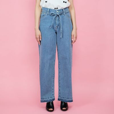 紐ベルト付デニムワイドパンツ≪手洗い可能≫