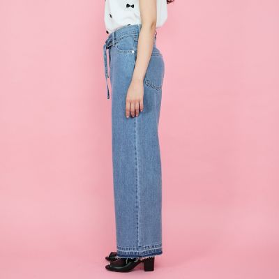 紐ベルト付デニムワイドパンツ≪手洗い可能≫
