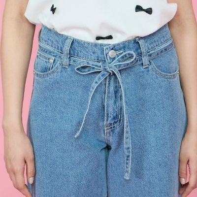 紐ベルト付デニムワイドパンツ≪手洗い可能≫