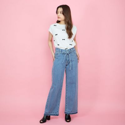 紐ベルト付デニムワイドパンツ≪手洗い可能≫