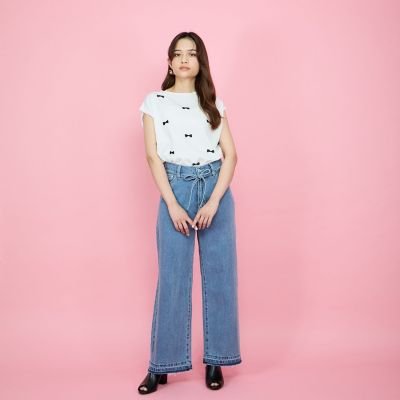 紐ベルト付デニムワイドパンツ≪手洗い可能≫