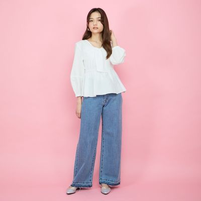 紐ベルト付デニムワイドパンツ≪手洗い可能≫