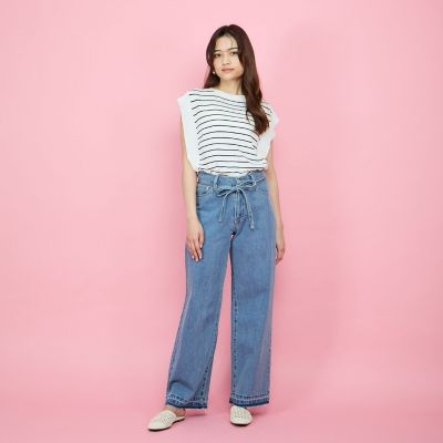 紐ベルト付デニムワイドパンツ≪手洗い可能≫