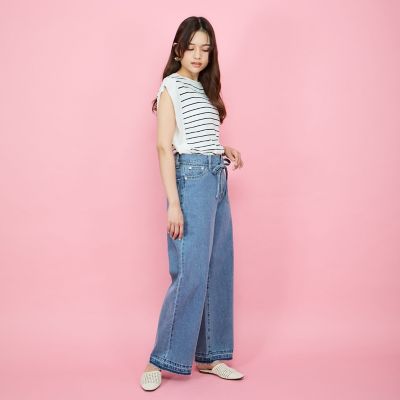 紐ベルト付デニムワイドパンツ≪手洗い可能≫