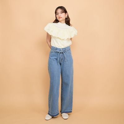 紐ベルト付デニムワイドパンツ≪手洗い可能≫