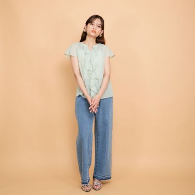 紐ベルト付デニムワイドパンツ≪手洗い可能≫