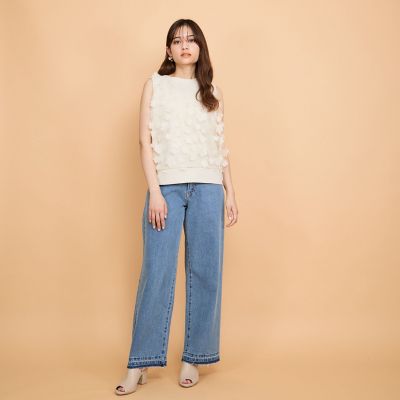 紐ベルト付デニムワイドパンツ≪手洗い可能≫