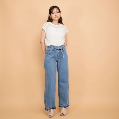 紐ベルト付デニムワイドパンツ≪手洗い可能≫