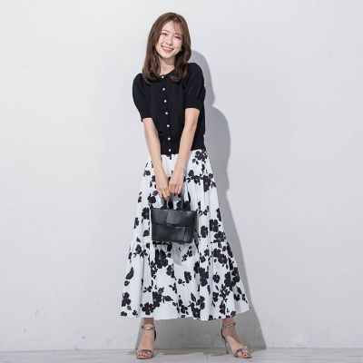 モノトーンフラワープリントスカート≪手洗い可能≫