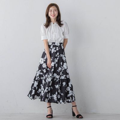 モノトーンフラワープリントスカート≪手洗い可能≫