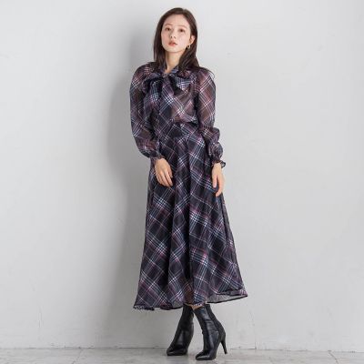 シアーチェックフレアスカート≪手洗い可能／セットアップ対応≫