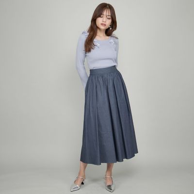 デニムダンガリー スカート ダンガリーデニムギャザーフレアスカート≪手洗い可能