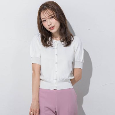パールボタンパフ袖カーデ≪接触冷感／手洗い可能≫