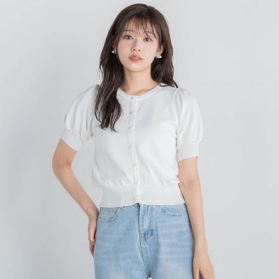パールボタンパフ袖カーデ≪接触冷感／手洗い可能≫