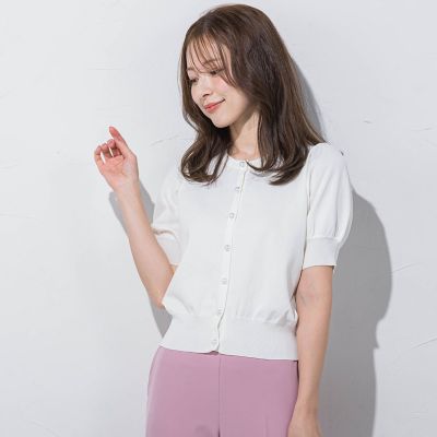 パールボタンパフ袖カーデ≪接触冷感／手洗い可能≫