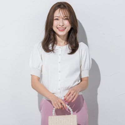 パールボタンパフ袖カーデ≪接触冷感／手洗い可能≫