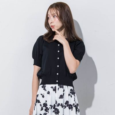 パールボタンパフ袖カーデ≪接触冷感／手洗い可能≫