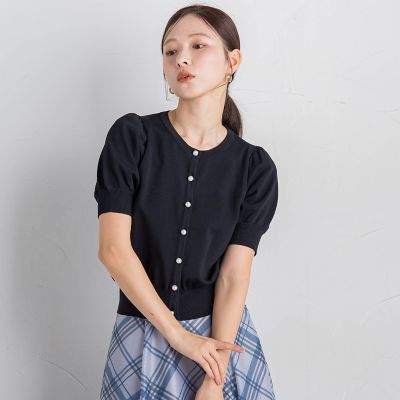 パールボタンパフ袖カーデ≪接触冷感／手洗い可能≫