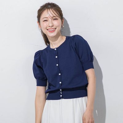 パールボタンパフ袖カーデ≪接触冷感／手洗い可能≫