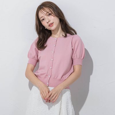 パールボタンパフ袖カーデ≪接触冷感／手洗い可能≫