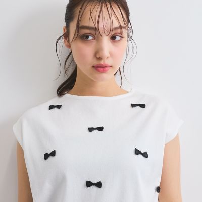 フレンチスリーブリボンニットトップス≪手洗い可能≫