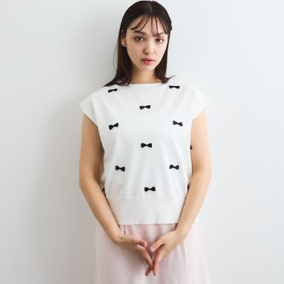 フレンチスリーブリボンニットトップス≪手洗い可能≫
