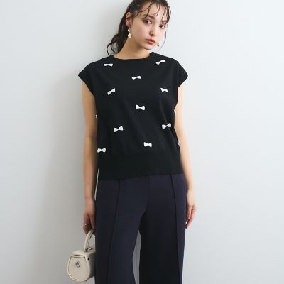 フレンチスリーブリボンニットトップス≪手洗い可能≫