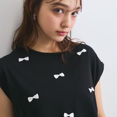 フレンチスリーブリボンニットトップス≪手洗い可能≫