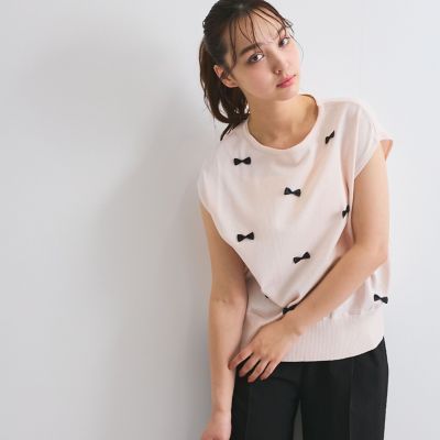 フレンチスリーブリボンニットトップス≪手洗い可能≫