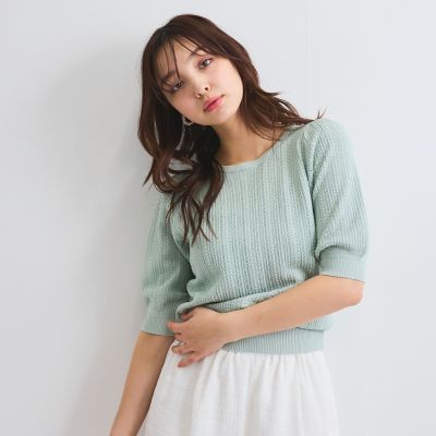 ＜QUEENS COURT（Women）＞透かし編みパフスリーブニット≪手洗い可能≫
